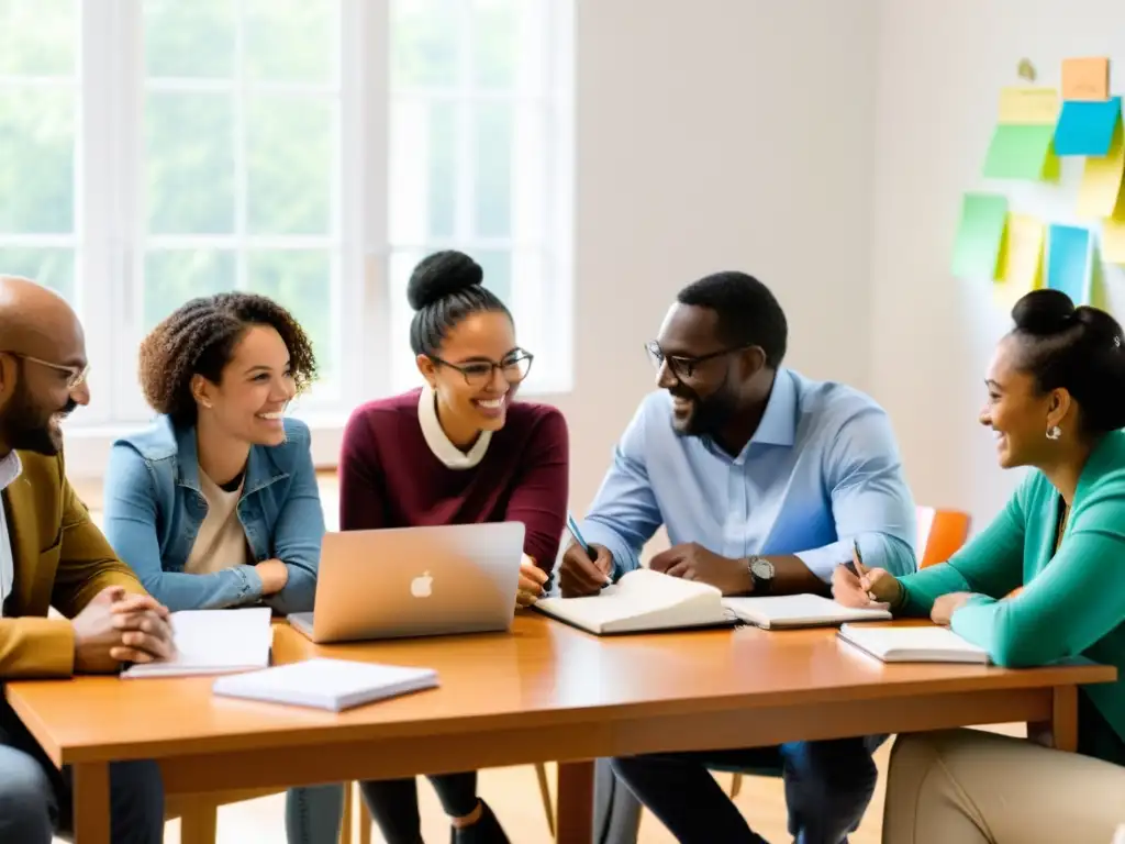 Un grupo diverso se reúne en una sala iluminada, colaborando en evaluaciones estratégicas para ONGs