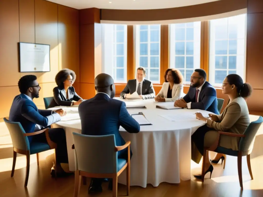Conversación apasionada sobre derechos humanos en mesa de trabajo Un grupo diverso se reúne en una sala iluminada por luz natural, discutiendo apasionadamente sobre documentos legales