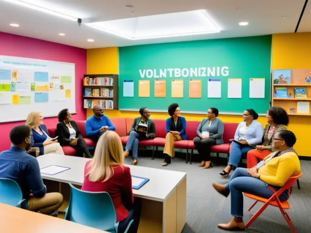 Construyendo juntos: Estrategias de recaudación sostenible Un grupo diverso colabora en una sala luminosa, llena de color y creatividad, desarrollando estrategias de autofinanciamiento para ONGs