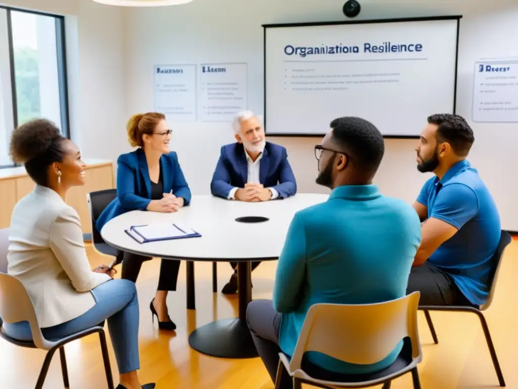 Grupo diverso en conversación seria y esperanzadora sobre resiliencia organizacional para ONGs, en sala luminosa con pizarrón de notas