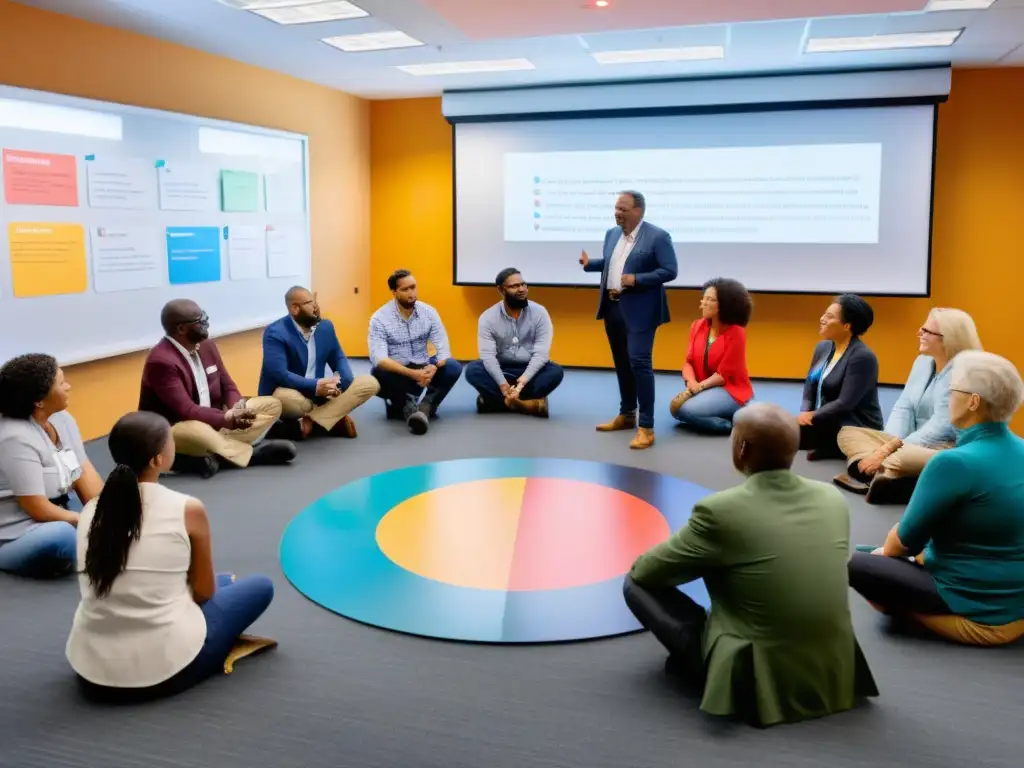 Un grupo diverso participa en una sesión de aprendizaje colaborativo, con un orador dinámico y un ambiente de inclusión