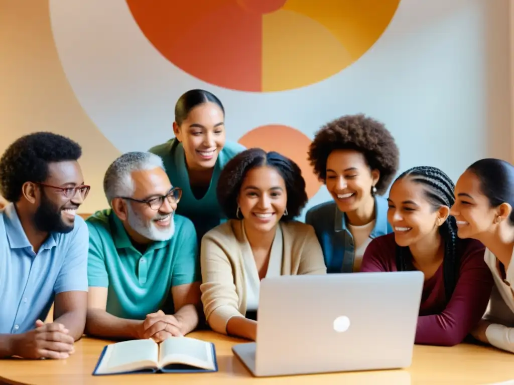 Un grupo diverso participa en una sesión de elearning en una ONG, mostrando concentración, curiosidad y entusiasmo