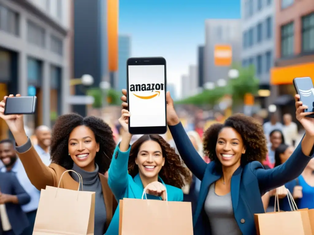 Un grupo diverso sonríe y sostiene sus smartphones con el logo de Amazon Smile