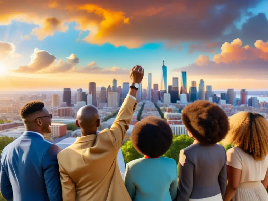 Un grupo diverso se une en solidaridad, levantando las manos en un gesto de esperanza, con un fondo de ciudad vibrante