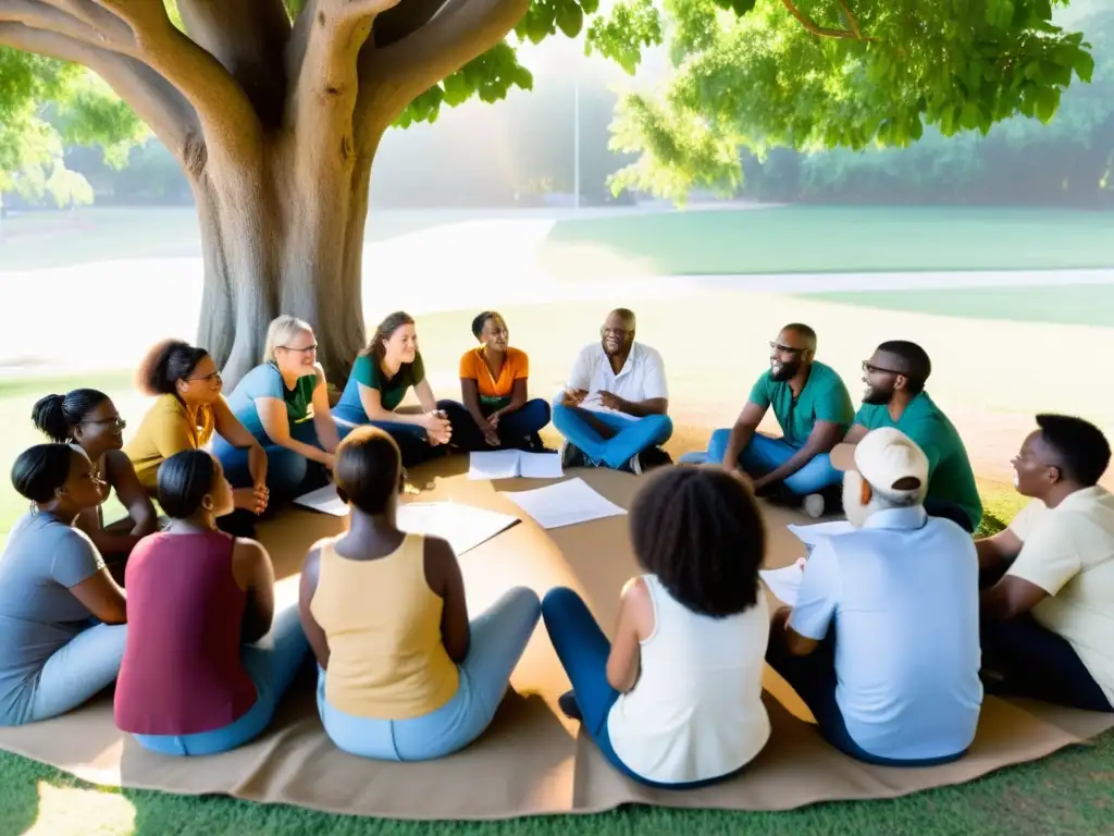 Un grupo diverso se reúne bajo la sombra de un árbol, planificando estrategias para ONGs