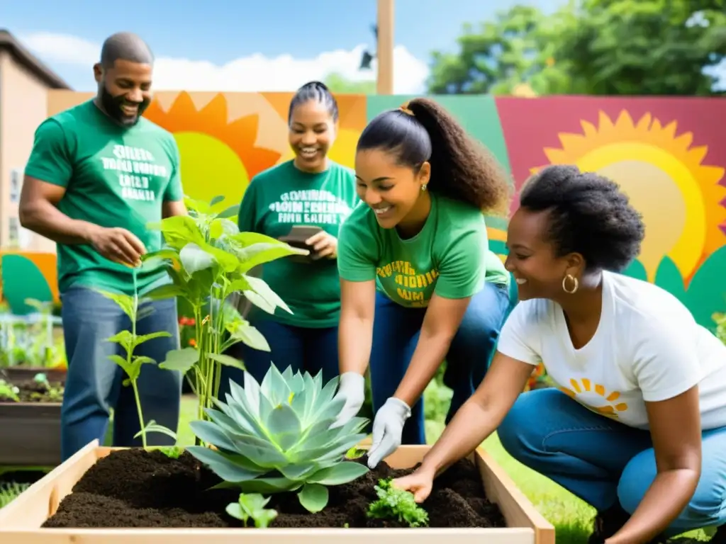 Grupo diverso construyendo jardín sostenible en barrio, con plantas verdes, murales coloridos y participación comunitaria