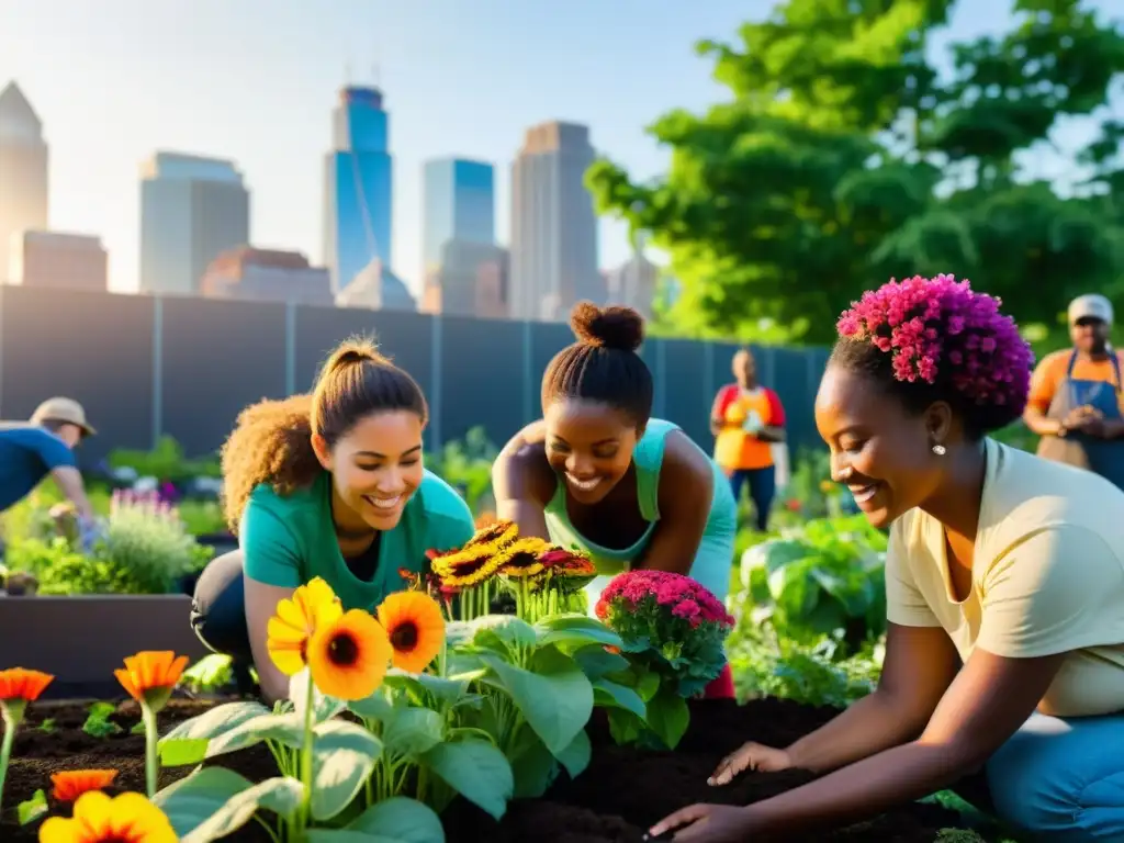 Un grupo diverso colabora en un jardín sostenible en la ciudad, resaltando estrategias para maximizar impacto ONG