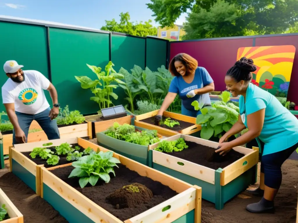 Un grupo diverso colabora en la planificación sostenible de proyectos ONGs, construyendo un jardín comunitario con detalles artísticos