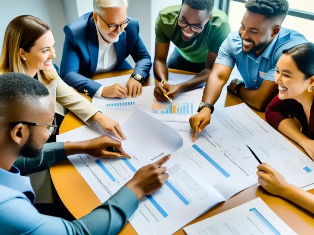 Grupo diverso colabora en planificación sostenible proyectos ONGs, con entusiasmo y determinación en ambiente cálido y transparente