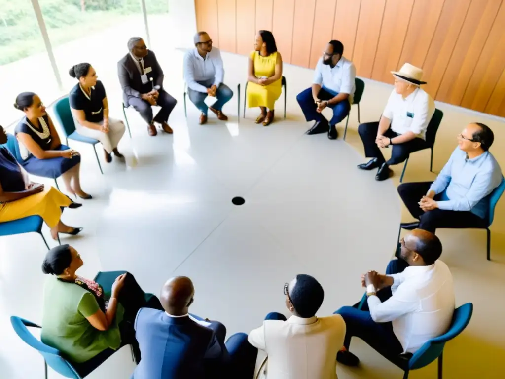 'Grupo diverso de stakeholders participando en una animada discusión en un espacio luminoso, reflejando la innovación social para ONGs sostenibles