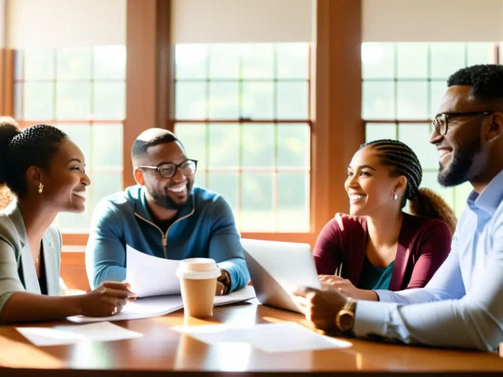 Grupo diverso colabora entre startups y ONGs en una reunión inspiradora llena de ideas y entusiasmo