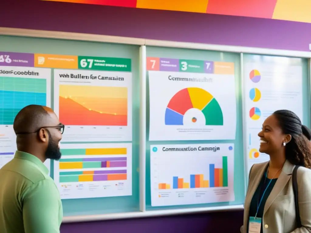 Un grupo diverso se reúne alrededor de un tablero con gráficos coloridos y fotos, discutiendo la comunicación de impacto para ONGs