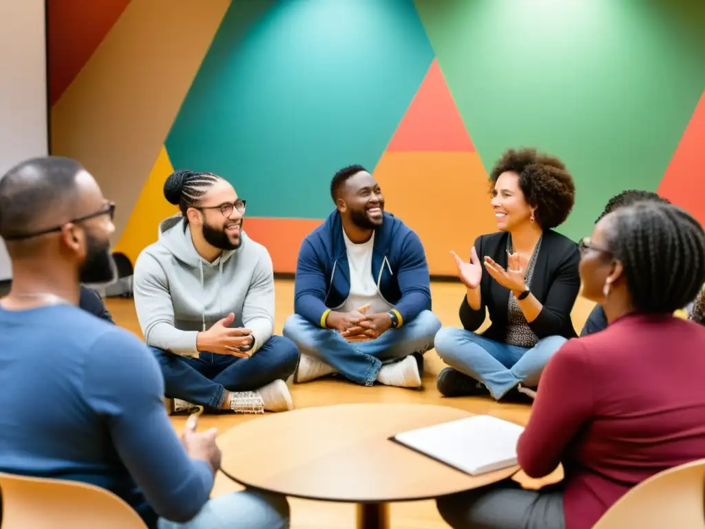 Grupo diverso participa en taller de storytelling para cambio social en centro comunitario cálido y acogedor