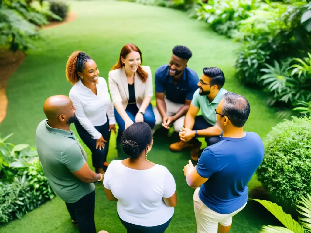 Grupo diverso participando en taller de capacitación sostenible al aire libre, reflejando la integración y el empoderamiento comunitario en ONGs