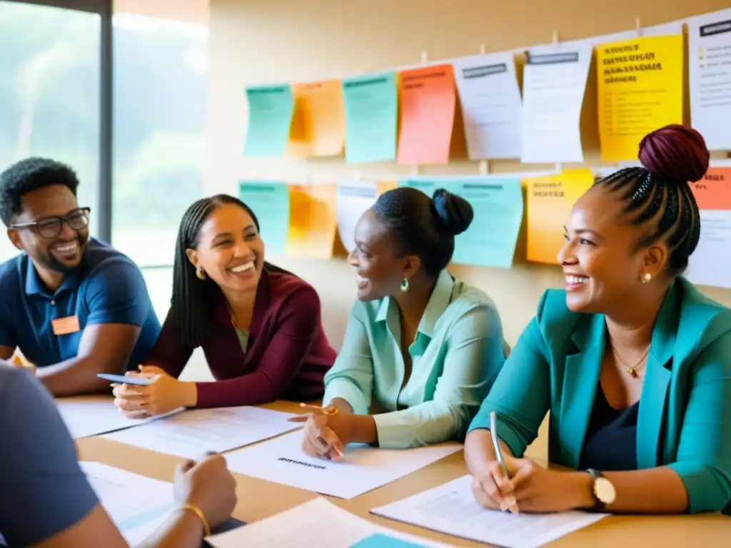 Grupo diverso en taller sobre igualdad de género, colaborando en estrategias para promover la igualdad y abordar la incidencia social