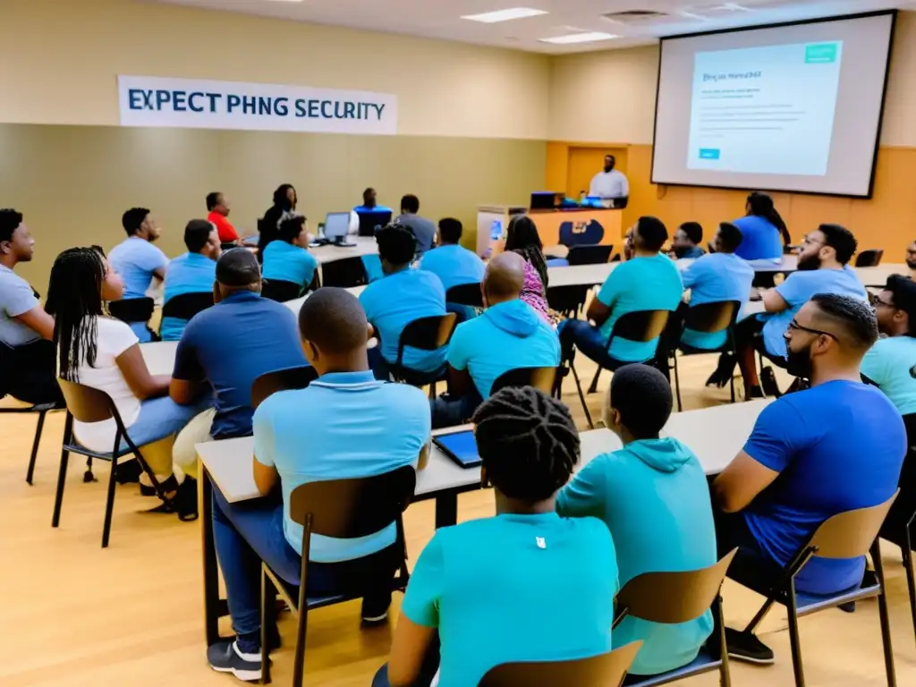 Un grupo diverso participa activamente en un taller de seguridad digital en un centro comunitario