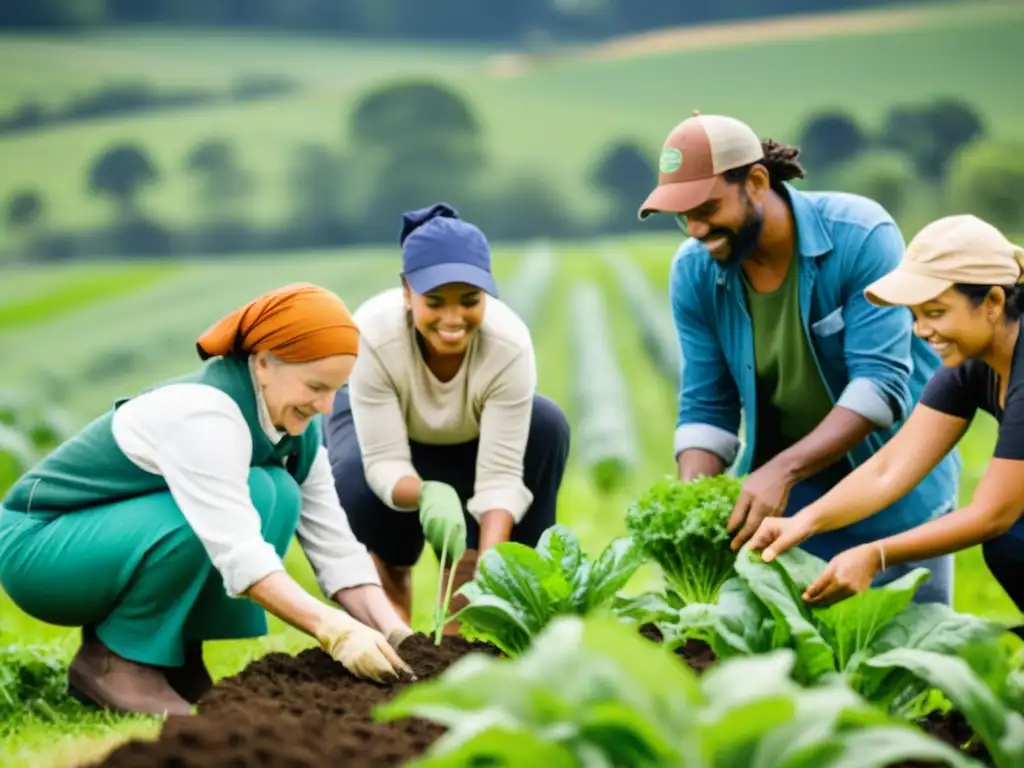 Comunidad sostenible: taller de agricultura ecológica Grupo diverso en taller de sostenibilidad, plantando y cosechando en campo verde
