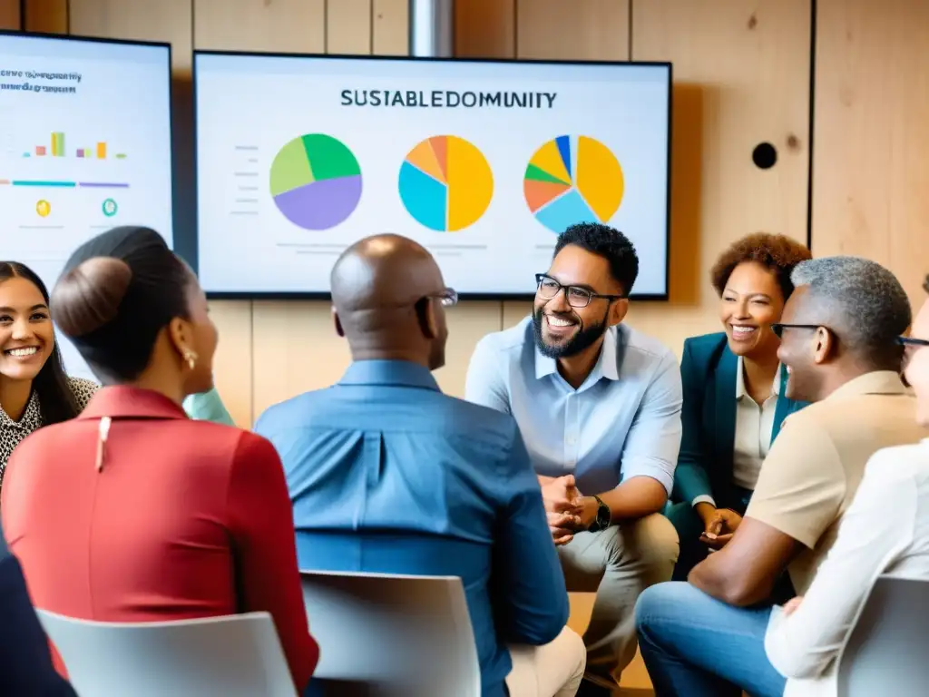 Grupo diverso debatiendo tecnología para desarrollo comunitario sostenible en espacio colaborativo, con entusiasmo y determinación