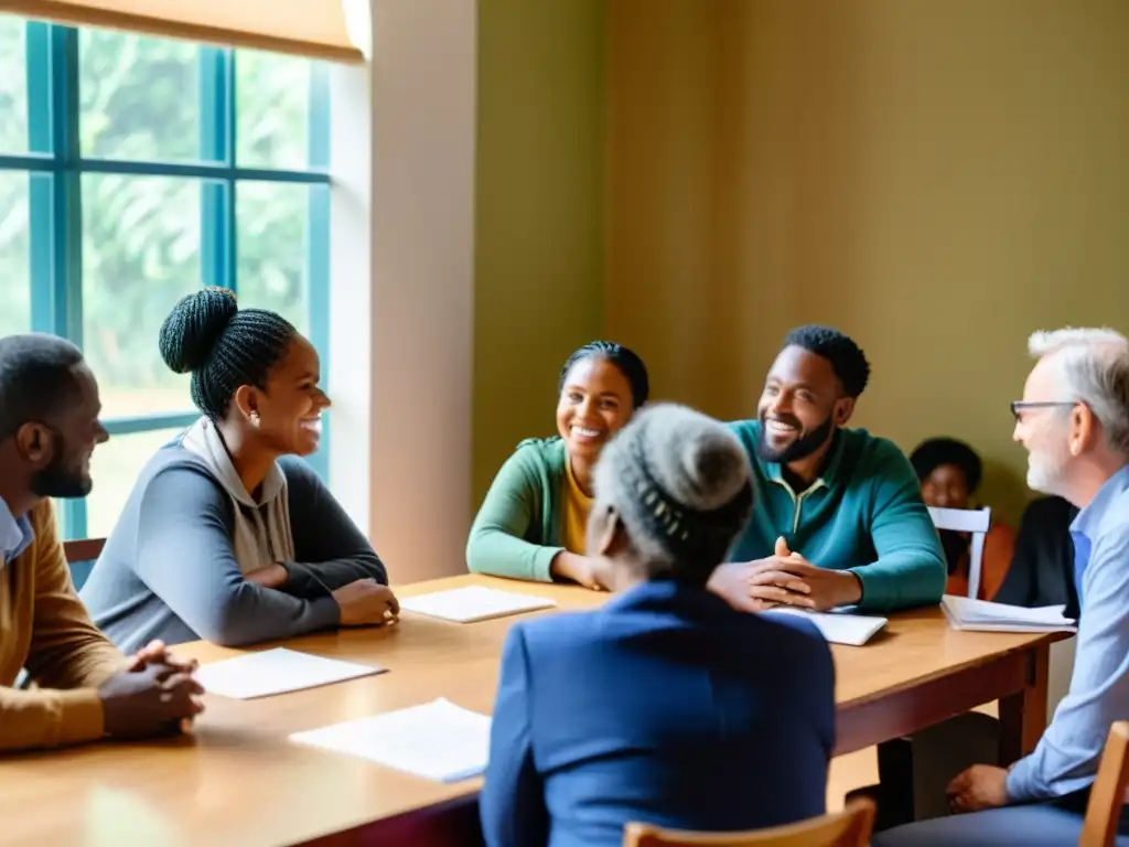 Un grupo diverso comparte testimonios en una atmósfera cálida e inspiradora para integrar testimonios ONG maximizar impacto