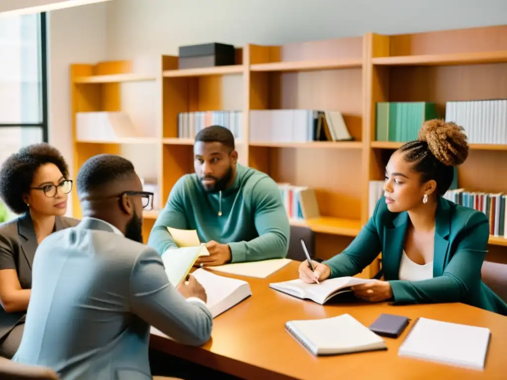 Un grupo diverso discute animadamente en torno a una mesa llena de papeles y cuadernos