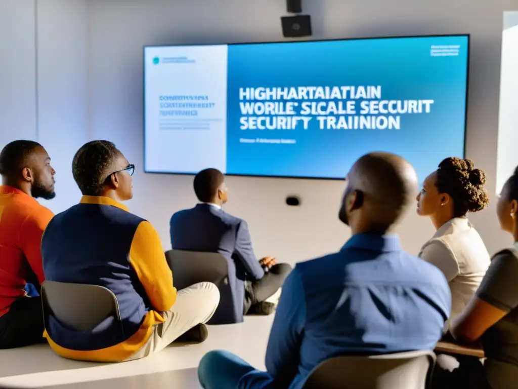 Capacitación enfocada en seguridad conmovedora Un grupo diverso de trabajadores humanitarios se concentra en una capacitación sobre seguridad de dispositivos móviles