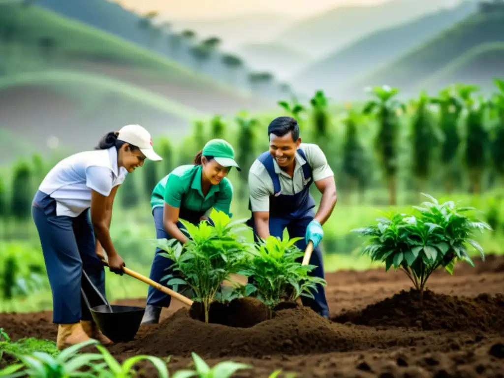 Un grupo diverso de trabajadores de ONG y miembros de la comunidad local plantando árboles en un área deforestada, destacando prácticas responsables en ONGs y la colaboración comunitaria para restaurar el medio ambiente