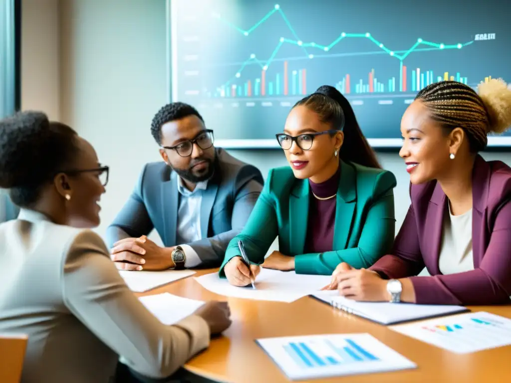 Un grupo diverso de trabajadores de ONGs colabora en el análisis de Big Data, buscando soluciones innovadoras para complejos problemas sociales