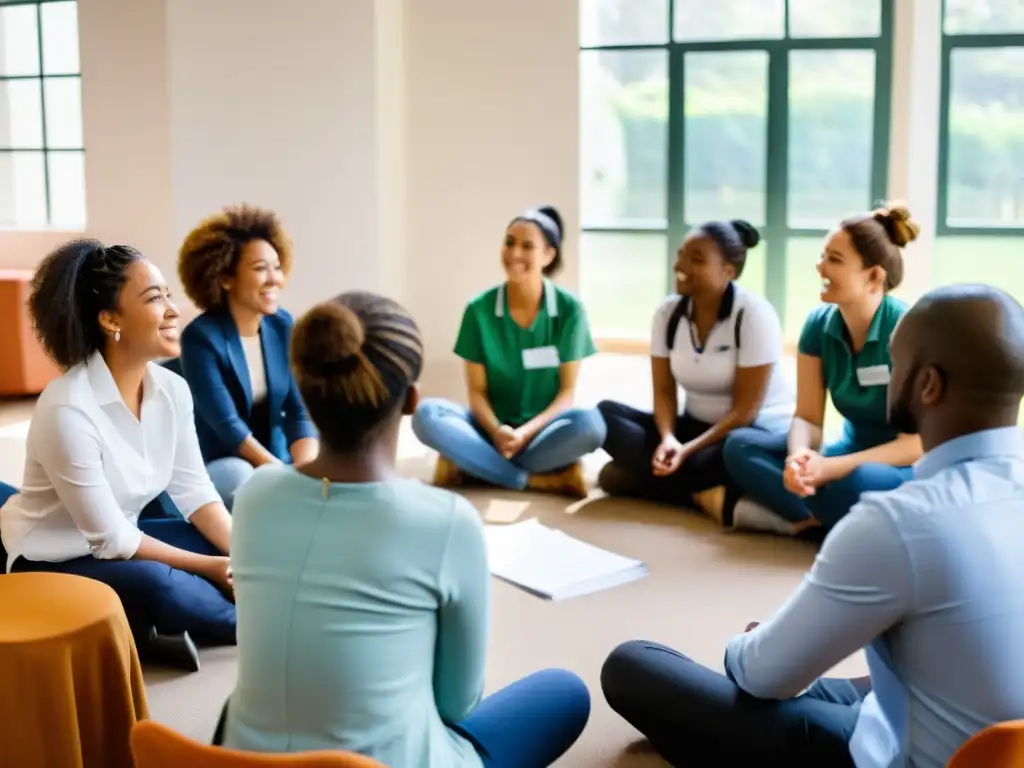 Grupo diverso de trabajadores de ONGs participando en una cálida capacitación en salud mental