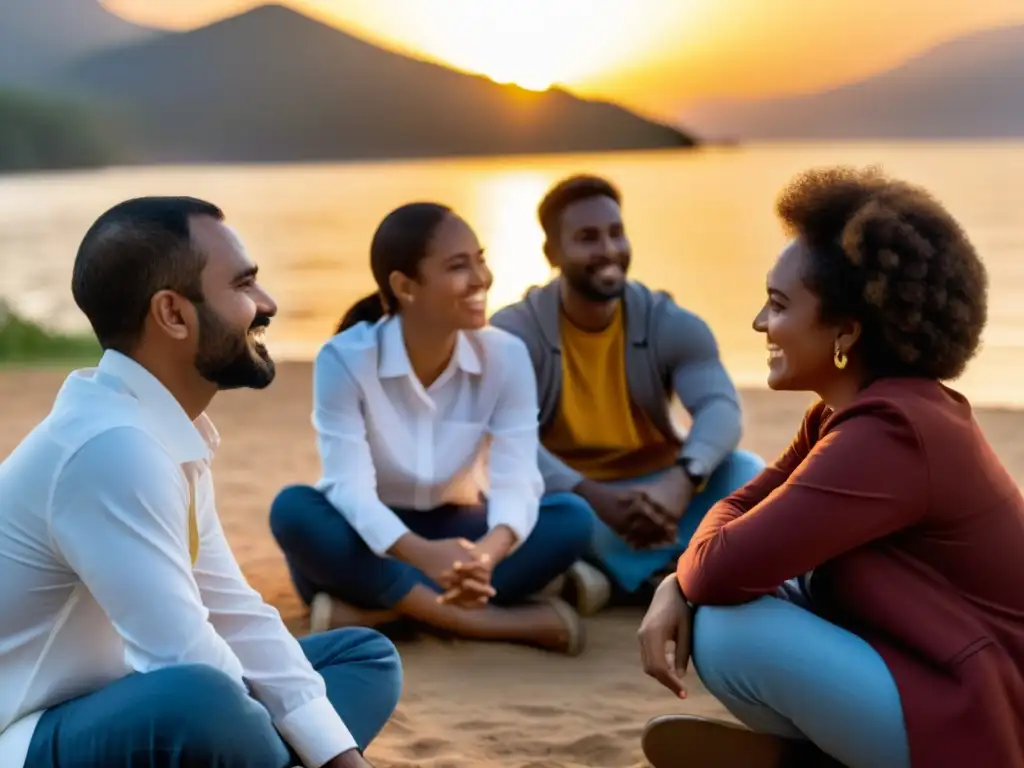 Grupo diverso de trabajadores de ONGs comparte historias y apoyo al atardecer, mostrando resiliencia y camaradería