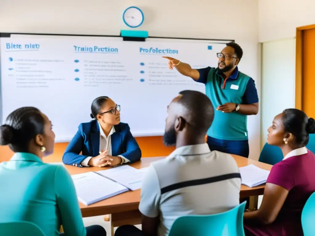 Capacitación de ONG: Protección de datos globales Grupo diverso de trabajadores de ONGs atentos en capacitación en protección de datos, colaborando y tomando notas en sala luminosa