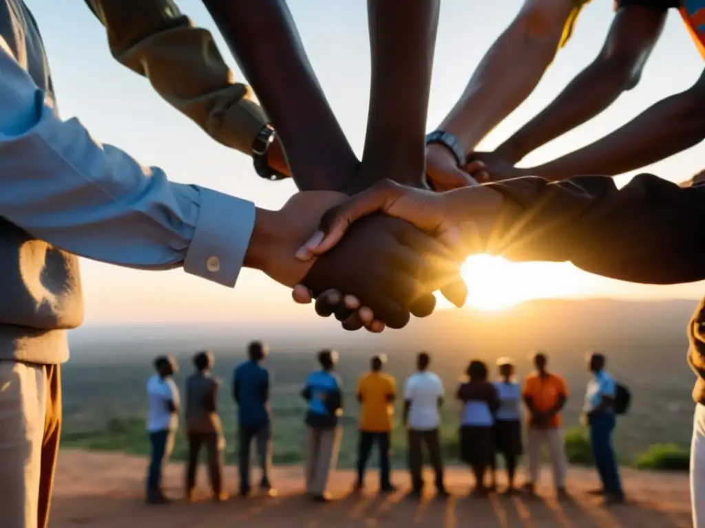 Grupo diverso de trabajadores y voluntarios de ONGs se unen al atardecer, transmitiendo esperanza y unidad