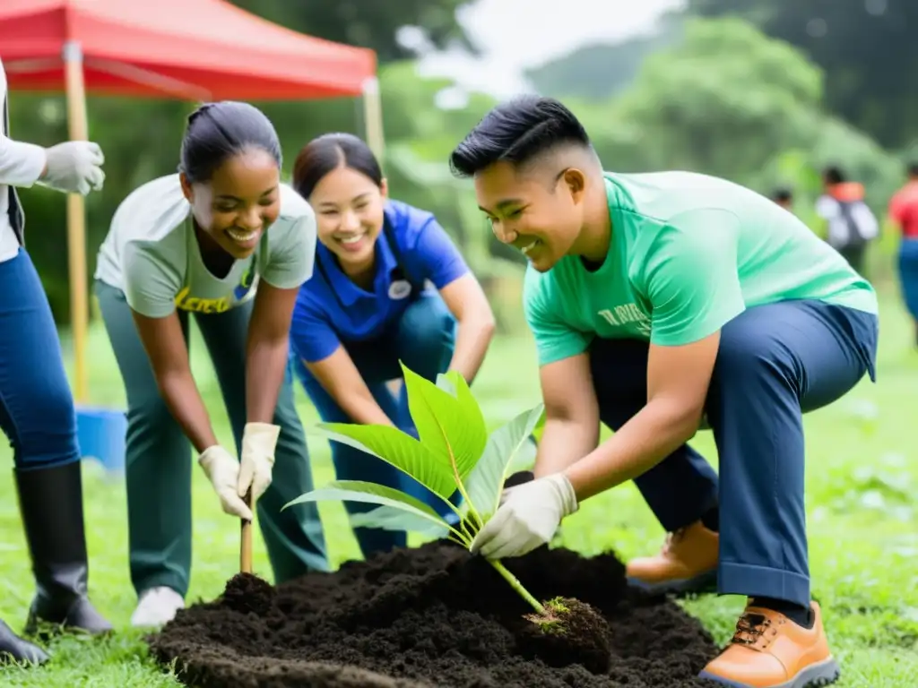 Un grupo diverso de voluntarios participa en actividades comunitarias, mostrando integración de la comunidad en ONG