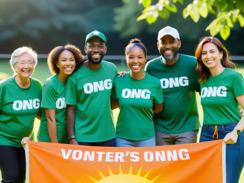 Un grupo diverso de voluntarios colabora en actividades de teambuilding en un parque