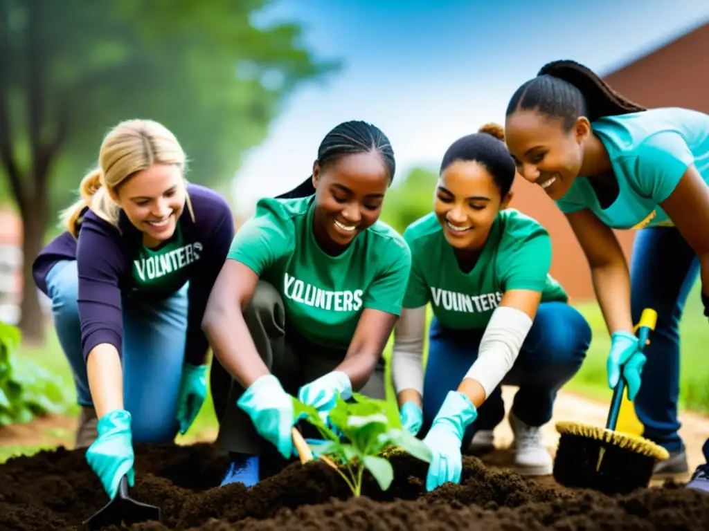 Un grupo diverso de voluntarios se dedica a actividades de servicio comunitario, mostrando empatía y colaboración