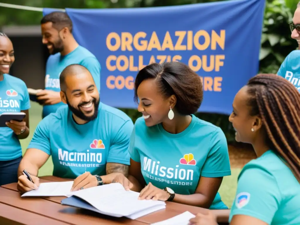 Grupo diverso de voluntarios colaborando al aire libre, con el logo de la ONG en camisetas