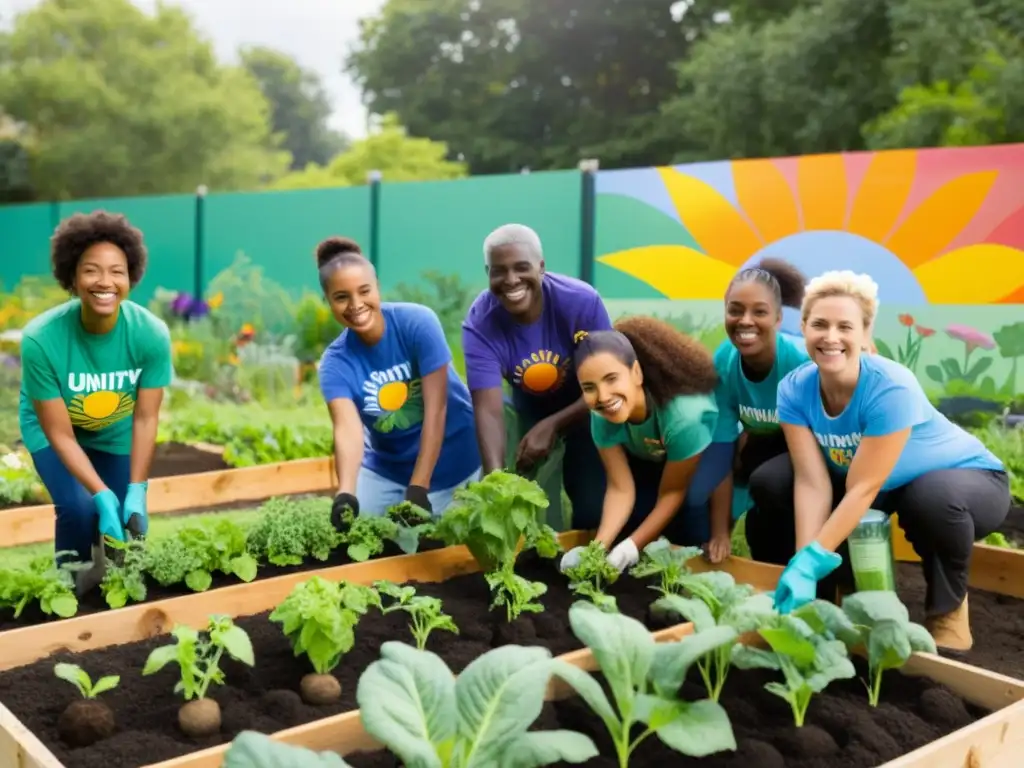 Un grupo diverso de voluntarios trabaja con alegría en un jardín comunitario, mostrando unidad e inclusión