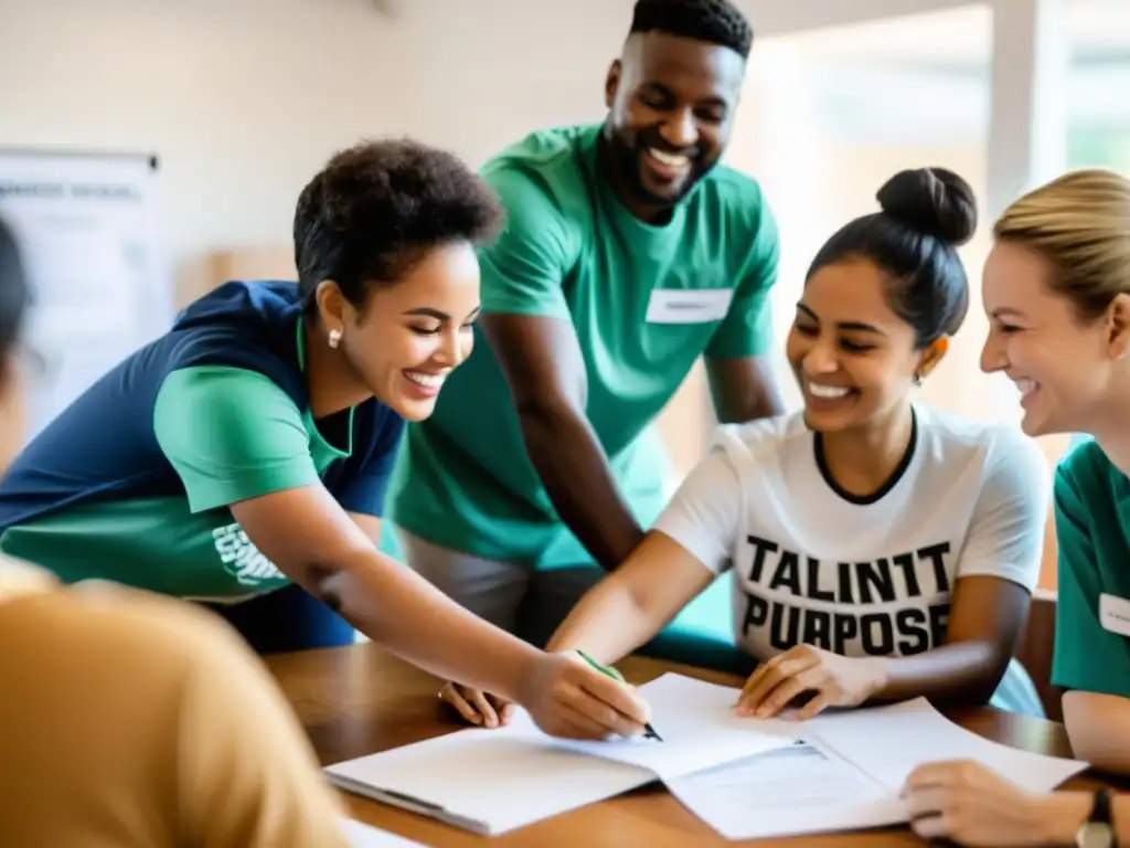 Un grupo diverso de voluntarios apasionados colabora en talleres de habilidades y trabajo en equipo en una ONG, mostrando entusiasmo y dedicación