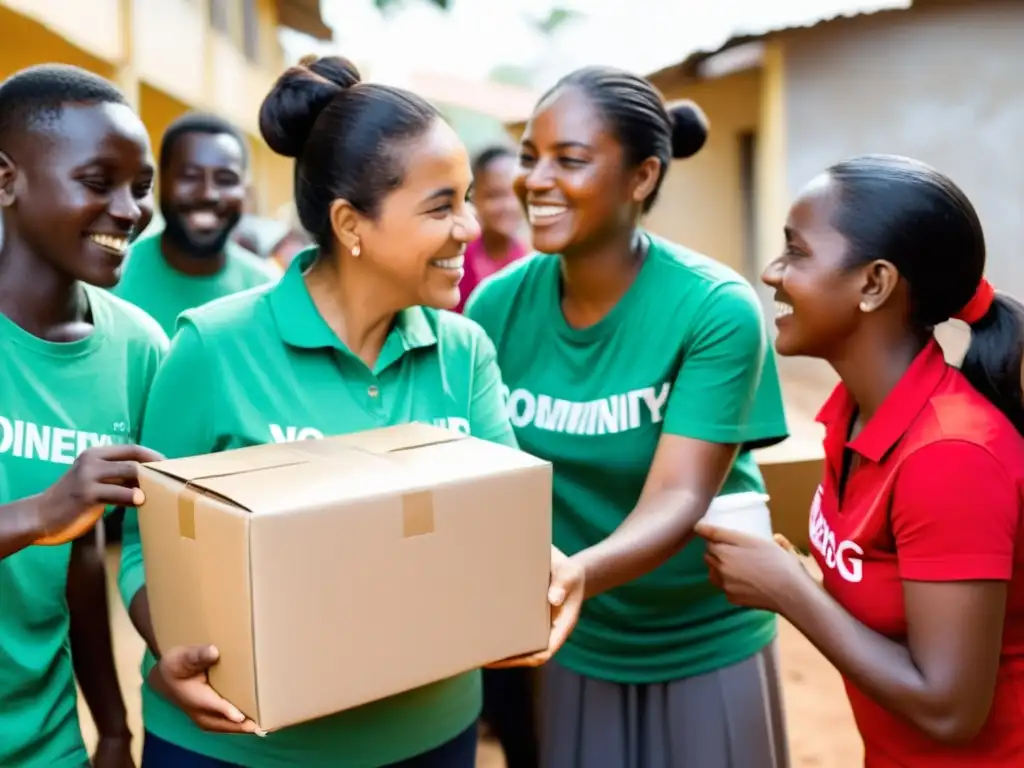 Un grupo diverso de voluntarios apasionados trabaja para maximizar el impacto de una ONG, distribuyendo suministros y organizando talleres educativos