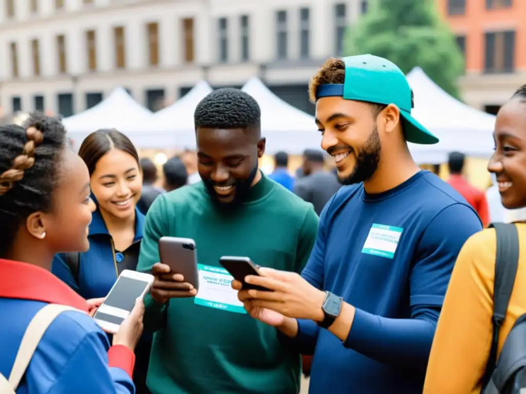 Grupo diverso de voluntarios usando app para Crowdsourcing de Datos para ONGs en bulliciosa plaza de la ciudad