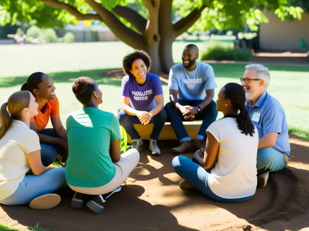 Un grupo diverso de voluntarios se reúne bajo un árbol en un jardín comunitario, compartiendo ideas y colaborando en proyectos