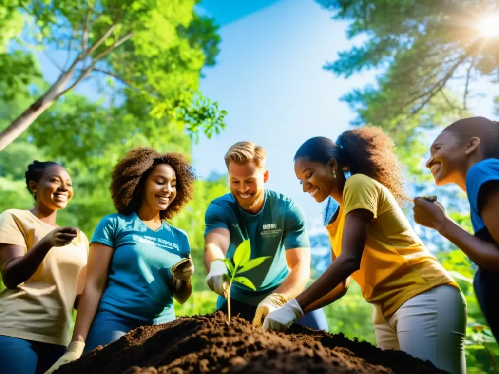 Un grupo diverso de voluntarios planta árboles en un bosque exuberante, promoviendo iniciativas ONG cambio climático con pasión y determinación