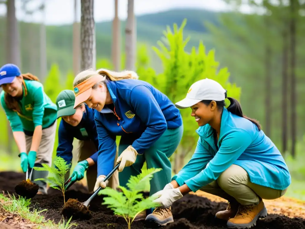 Un grupo diverso de voluntarios planta árboles nativos en un bosque exuberante