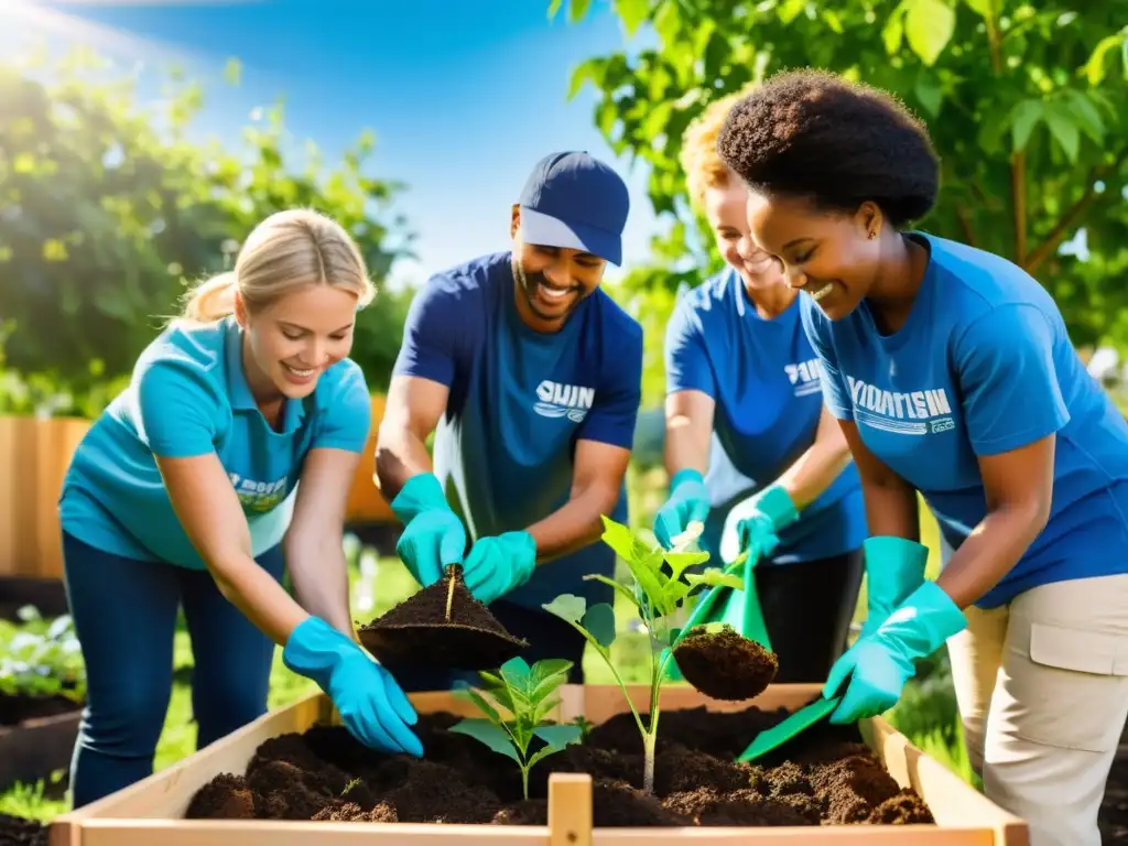 Un grupo diverso de voluntarios planta árboles en un jardín comunitario, reduciendo la huella de carbono