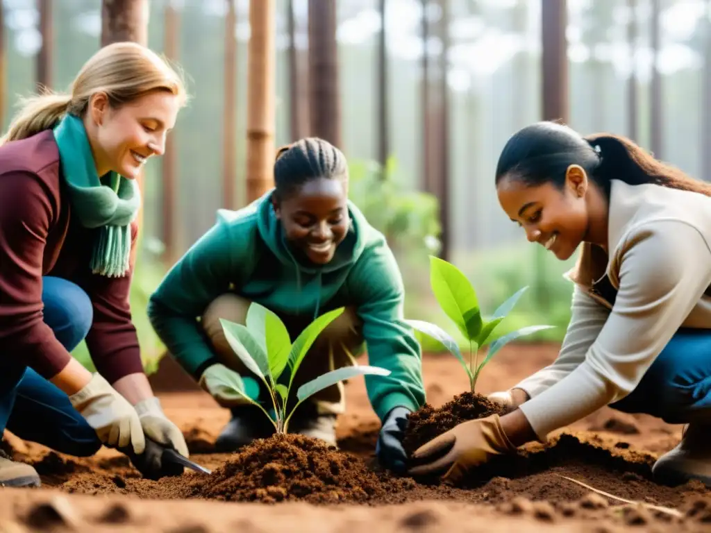 Grupo diverso de voluntarios plantando árboles en área deforestada, con luz filtrándose entre las hojas