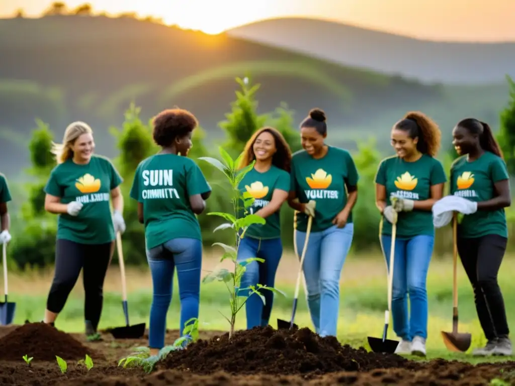 Un grupo diverso de voluntarios planta árboles al atardecer en una zona deforestada, promoviendo programas de adaptación al cambio climático ONGs