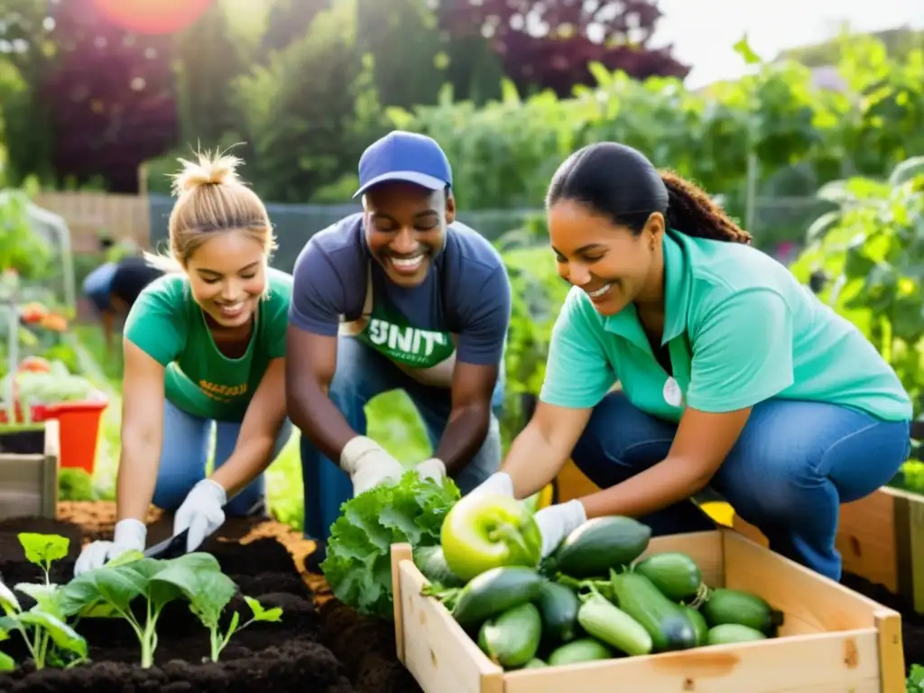 Un grupo diverso de voluntarios trabaja en armonía en un huerto comunitario, cuidando y cosechando frutas y verduras