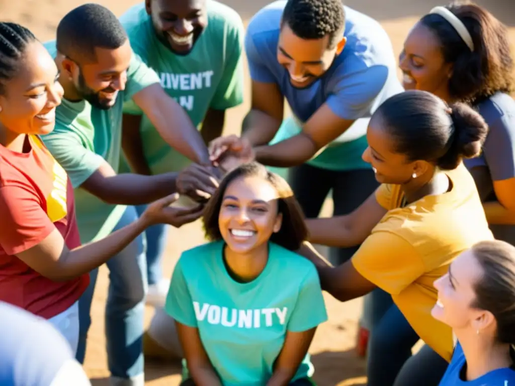 Un grupo diverso de voluntarios se reúne al atardecer para una actividad de trabajo en equipo