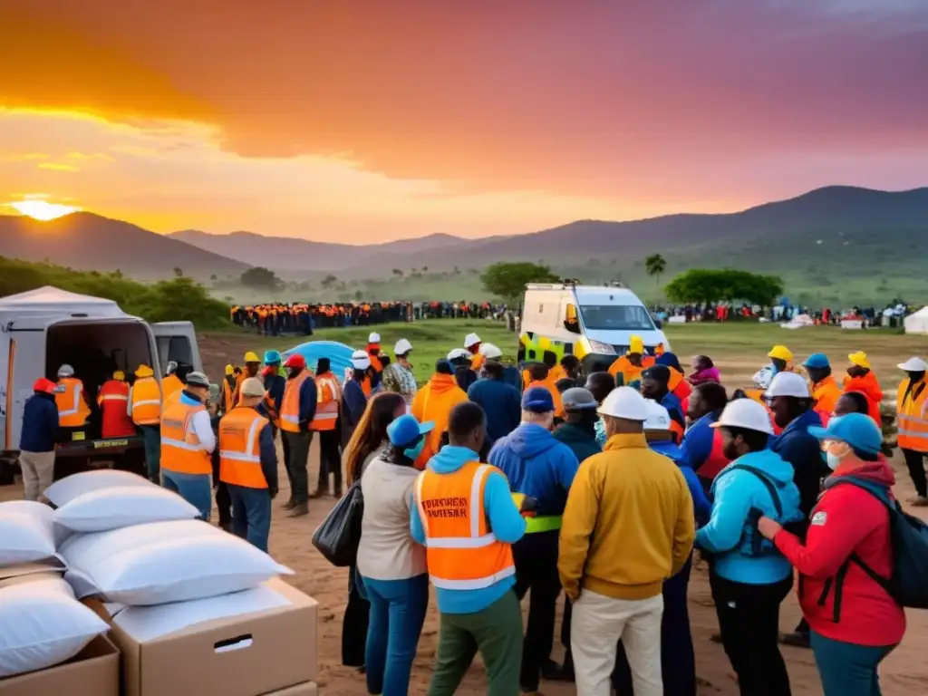 Un grupo diverso de voluntarios distribuye ayuda en una zona de desastre al atardecer, mostrando resiliencia y esperanza