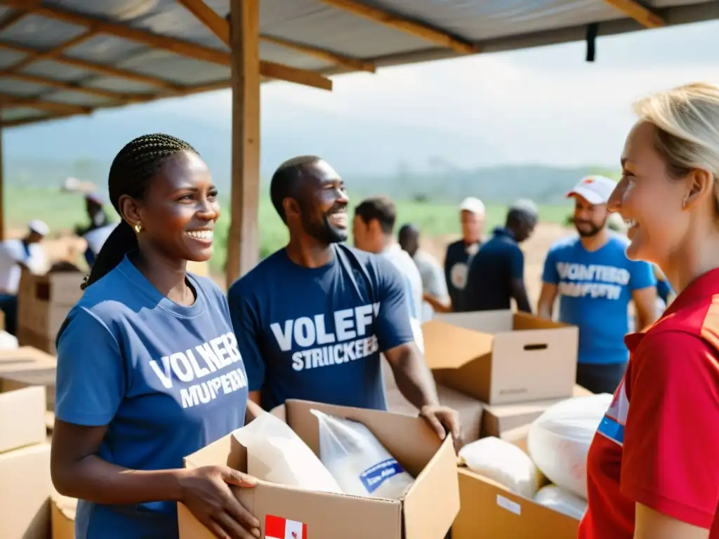 Grupo diverso de voluntarios brindando ayuda humanitaria en zona de desastre