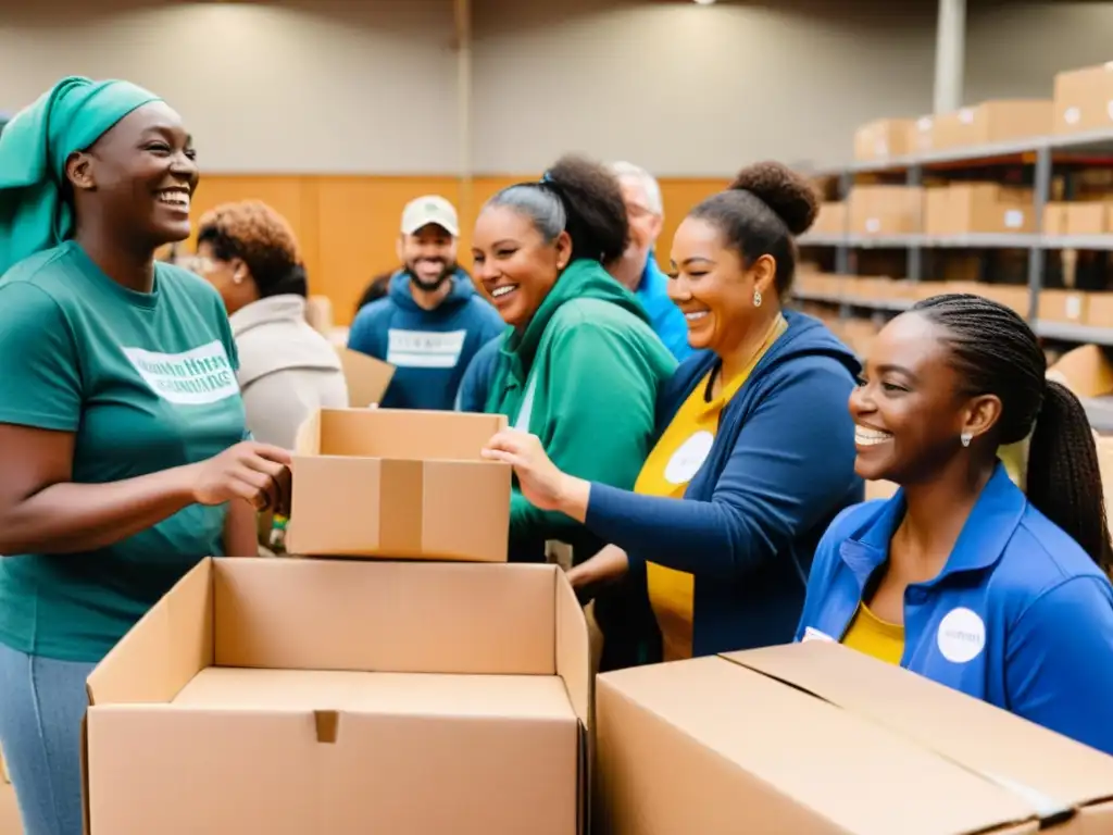 Un grupo diverso de voluntarios y beneficiarios sonríen mientras colaboran en un centro de donaciones